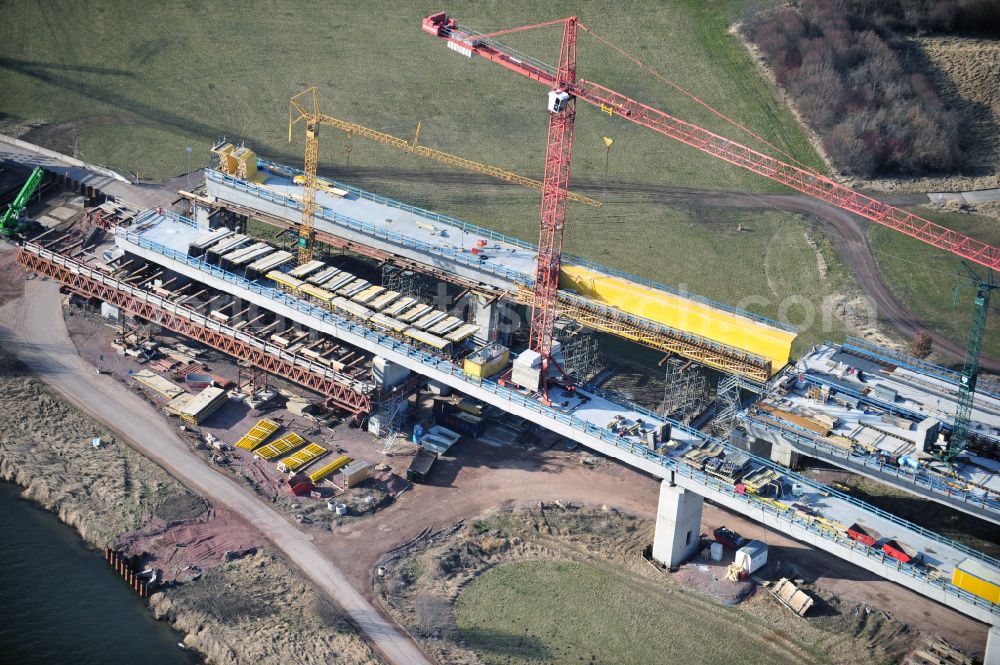 Rattmannsdorf from the bird's eye view: Construction site of viaduct of the railway bridge structure to route the railway tracks in Rattmannsdorf in the state Saxony-Anhalt, Germany