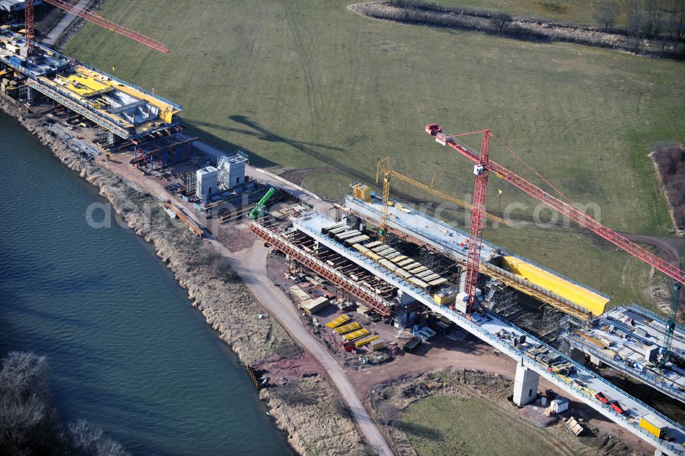 Aerial image Rattmannsdorf - Construction site of viaduct of the railway bridge structure to route the railway tracks in Rattmannsdorf in the state Saxony-Anhalt, Germany