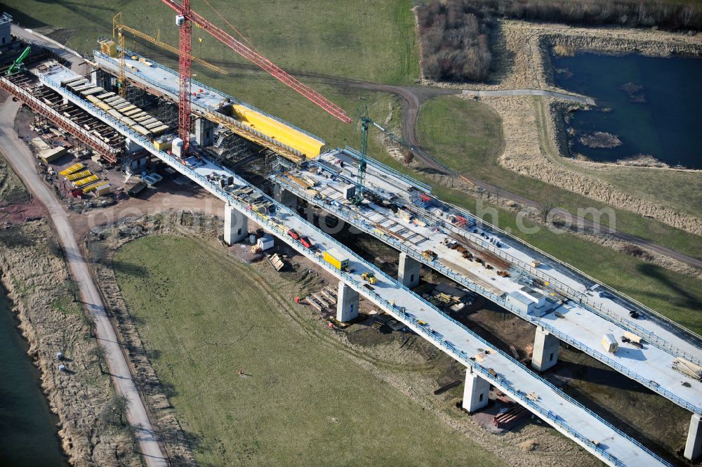 Aerial photograph Rattmannsdorf - Construction site of viaduct of the railway bridge structure to route the railway tracks in Rattmannsdorf in the state Saxony-Anhalt, Germany