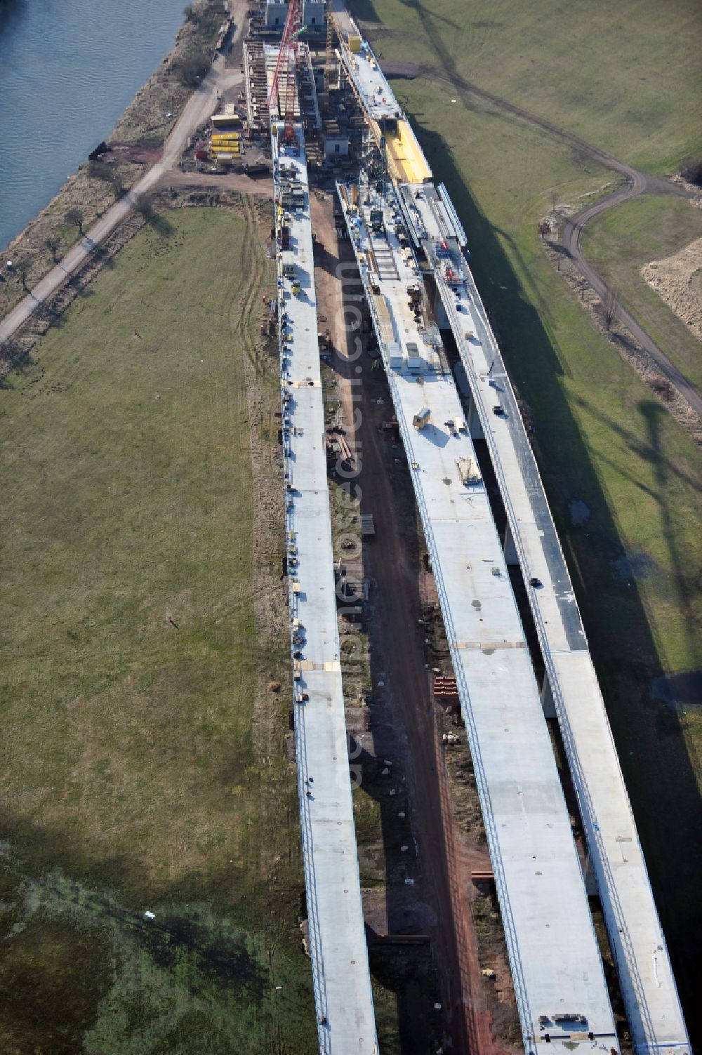 Rattmannsdorf from above - Construction site of viaduct of the railway bridge structure to route the railway tracks in Rattmannsdorf in the state Saxony-Anhalt, Germany