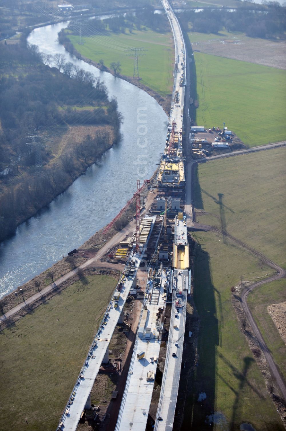 Rattmannsdorf from the bird's eye view: Construction site of viaduct of the railway bridge structure to route the railway tracks in Rattmannsdorf in the state Saxony-Anhalt, Germany