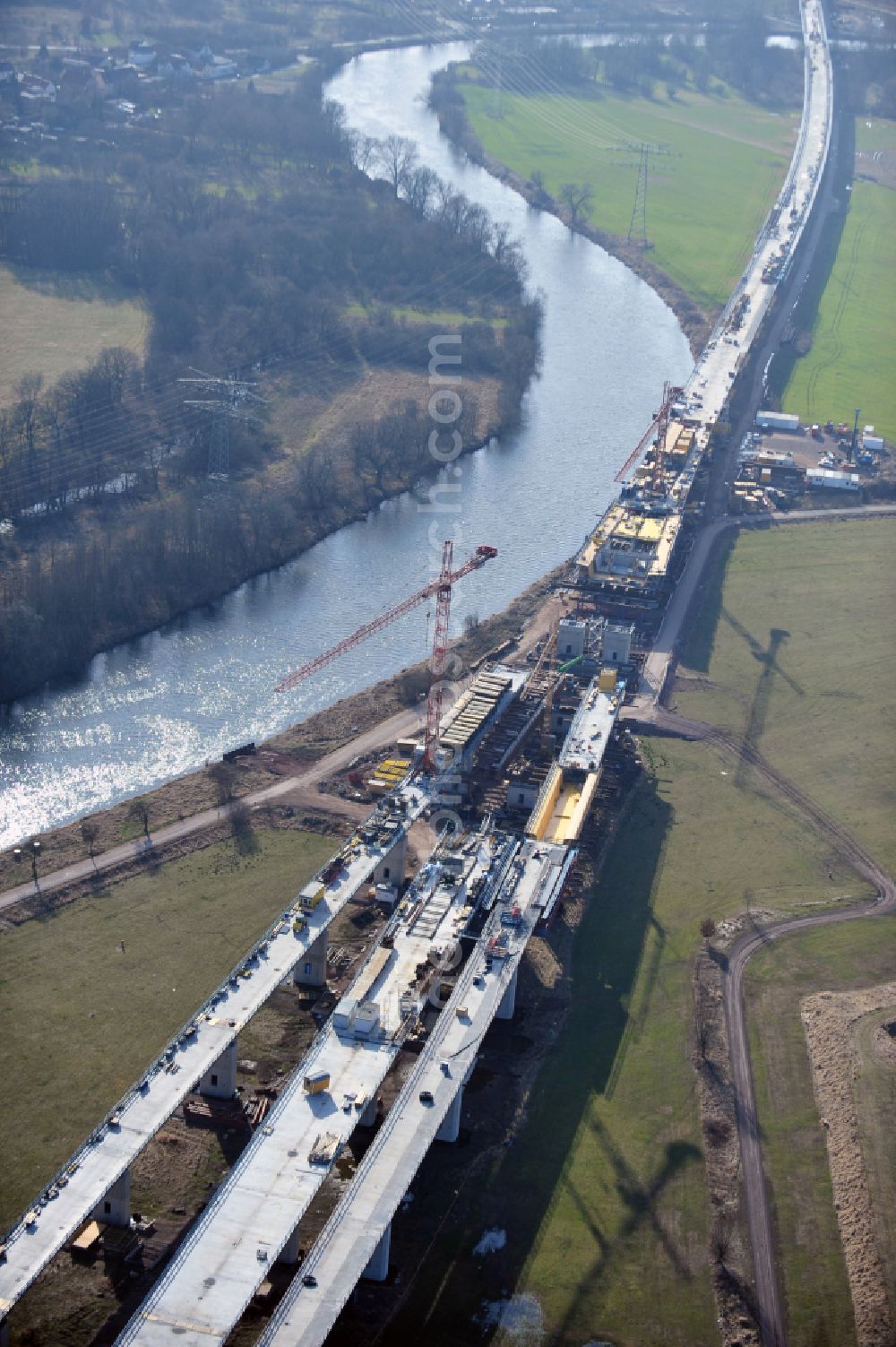 Aerial photograph Rattmannsdorf - Construction site of viaduct of the railway bridge structure to route the railway tracks in Rattmannsdorf in the state Saxony-Anhalt, Germany