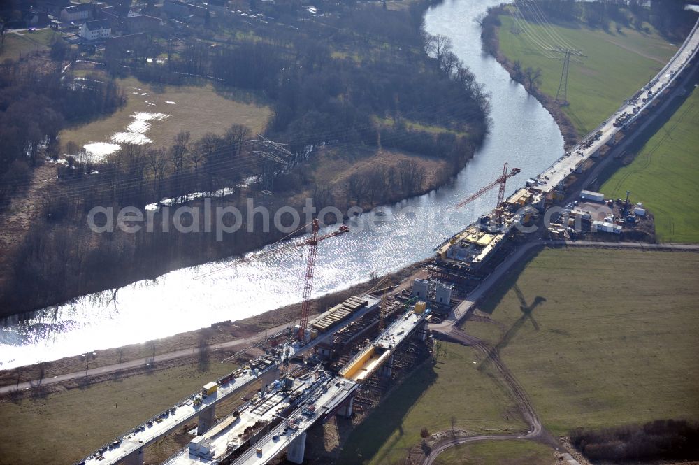 Rattmannsdorf from above - Construction site of viaduct of the railway bridge structure to route the railway tracks in Rattmannsdorf in the state Saxony-Anhalt, Germany