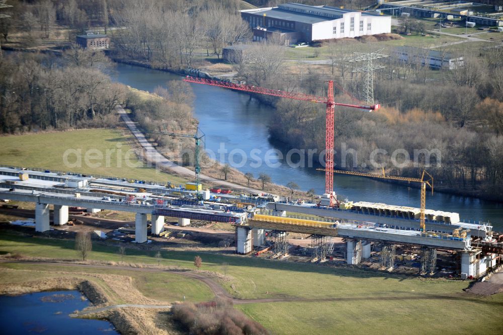 Rattmannsdorf from the bird's eye view: Construction site of viaduct of the railway bridge structure to route the railway tracks in Rattmannsdorf in the state Saxony-Anhalt, Germany