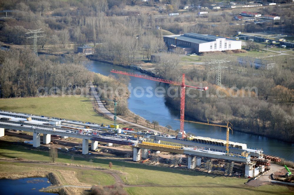 Aerial image Rattmannsdorf - Construction site of viaduct of the railway bridge structure to route the railway tracks in Rattmannsdorf in the state Saxony-Anhalt, Germany