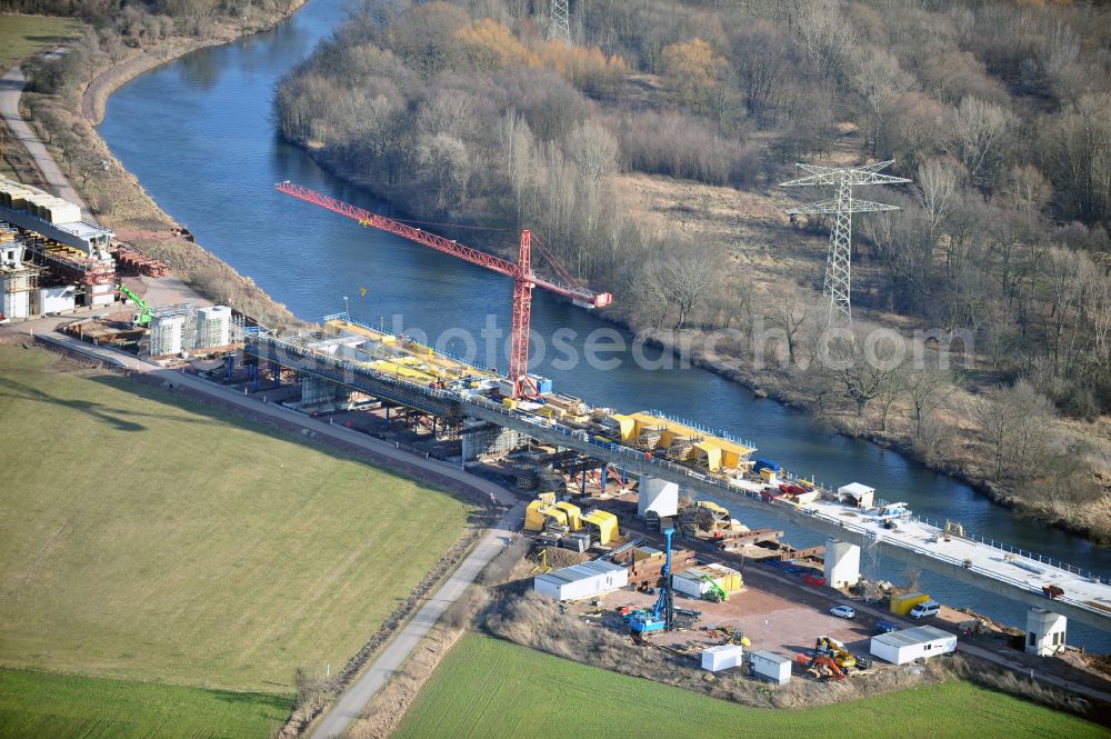 Aerial photograph Rattmannsdorf - Construction site of viaduct of the railway bridge structure to route the railway tracks in Rattmannsdorf in the state Saxony-Anhalt, Germany