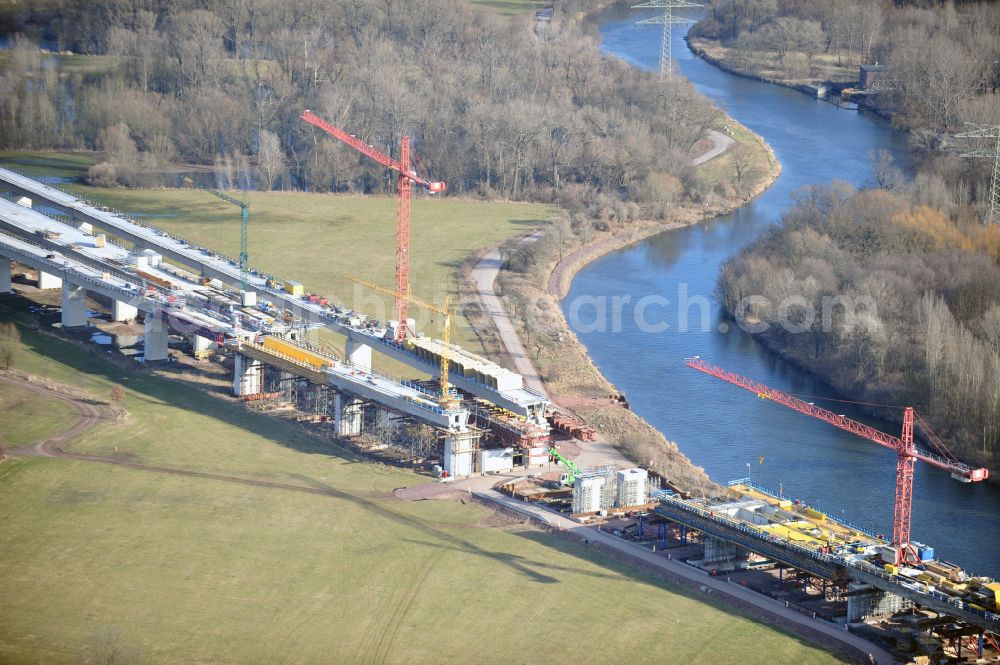 Rattmannsdorf from above - Construction site of viaduct of the railway bridge structure to route the railway tracks in Rattmannsdorf in the state Saxony-Anhalt, Germany