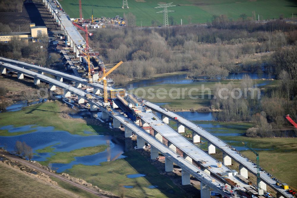 Rattmannsdorf from the bird's eye view: Construction site of viaduct of the railway bridge structure to route the railway tracks in Rattmannsdorf in the state Saxony-Anhalt, Germany