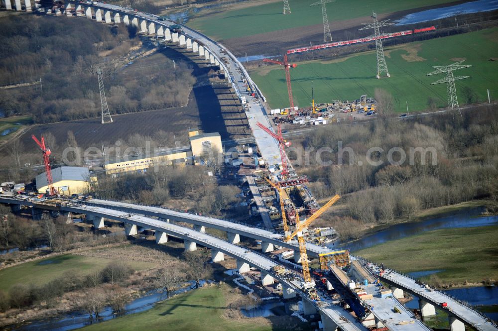 Aerial image Rattmannsdorf - Construction site of viaduct of the railway bridge structure to route the railway tracks in Rattmannsdorf in the state Saxony-Anhalt, Germany