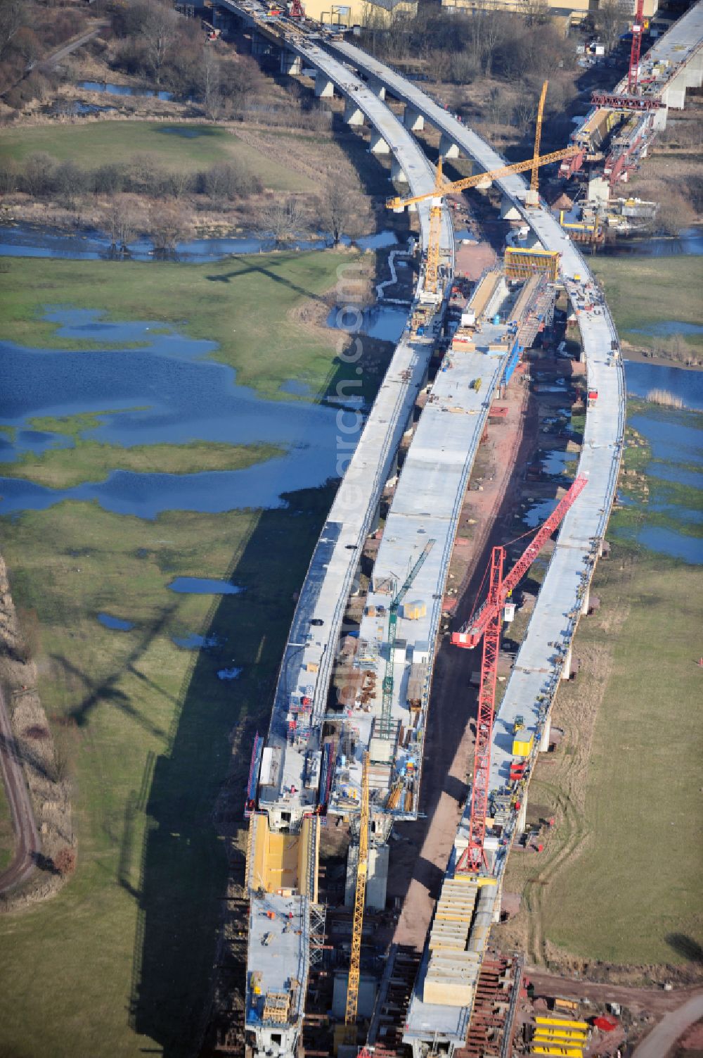 Aerial photograph Rattmannsdorf - Construction site of viaduct of the railway bridge structure to route the railway tracks in Rattmannsdorf in the state Saxony-Anhalt, Germany