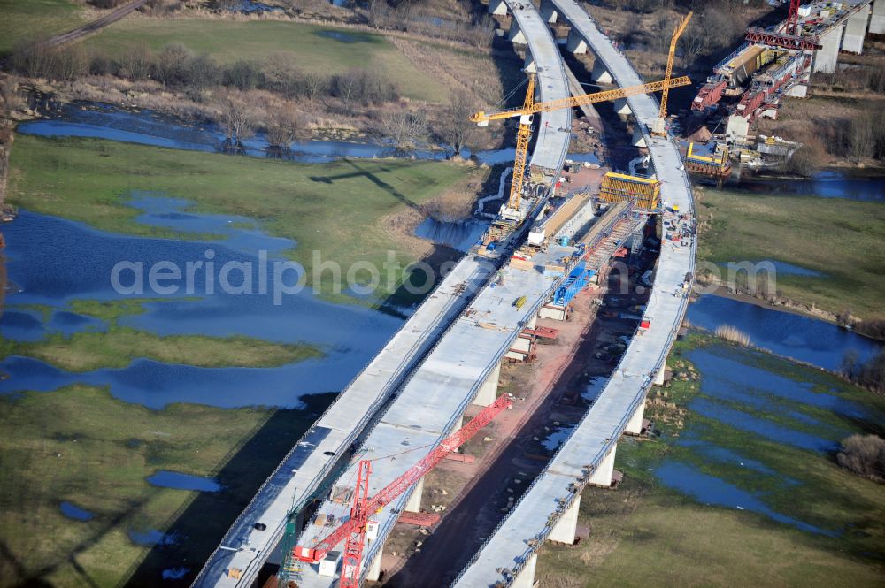 Rattmannsdorf from above - Construction site of viaduct of the railway bridge structure to route the railway tracks in Rattmannsdorf in the state Saxony-Anhalt, Germany