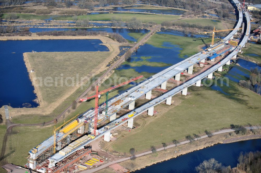 Rattmannsdorf from the bird's eye view: Construction site of viaduct of the railway bridge structure to route the railway tracks in Rattmannsdorf in the state Saxony-Anhalt, Germany