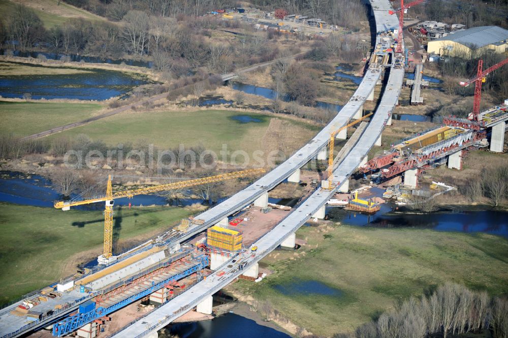 Aerial image Rattmannsdorf - Construction site of viaduct of the railway bridge structure to route the railway tracks in Rattmannsdorf in the state Saxony-Anhalt, Germany