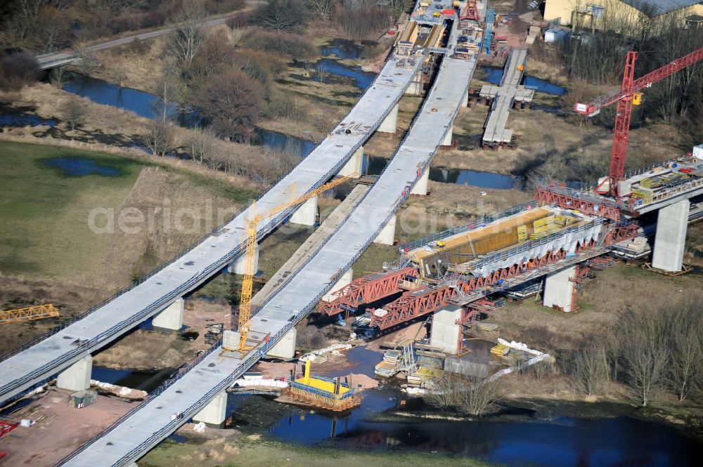 Aerial photograph Rattmannsdorf - Construction site of viaduct of the railway bridge structure to route the railway tracks in Rattmannsdorf in the state Saxony-Anhalt, Germany