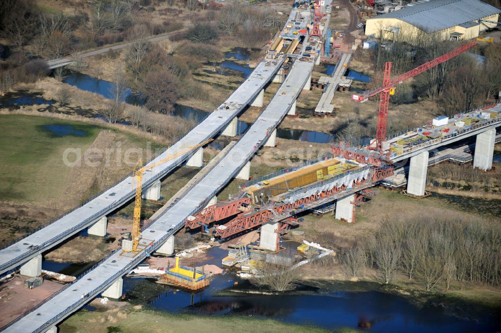 Rattmannsdorf from above - Construction site of viaduct of the railway bridge structure to route the railway tracks in Rattmannsdorf in the state Saxony-Anhalt, Germany