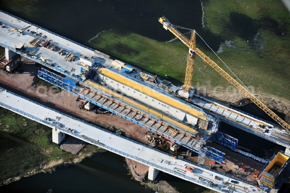 Rattmannsdorf from the bird's eye view: Construction site of viaduct of the railway bridge structure to route the railway tracks in Rattmannsdorf in the state Saxony-Anhalt, Germany