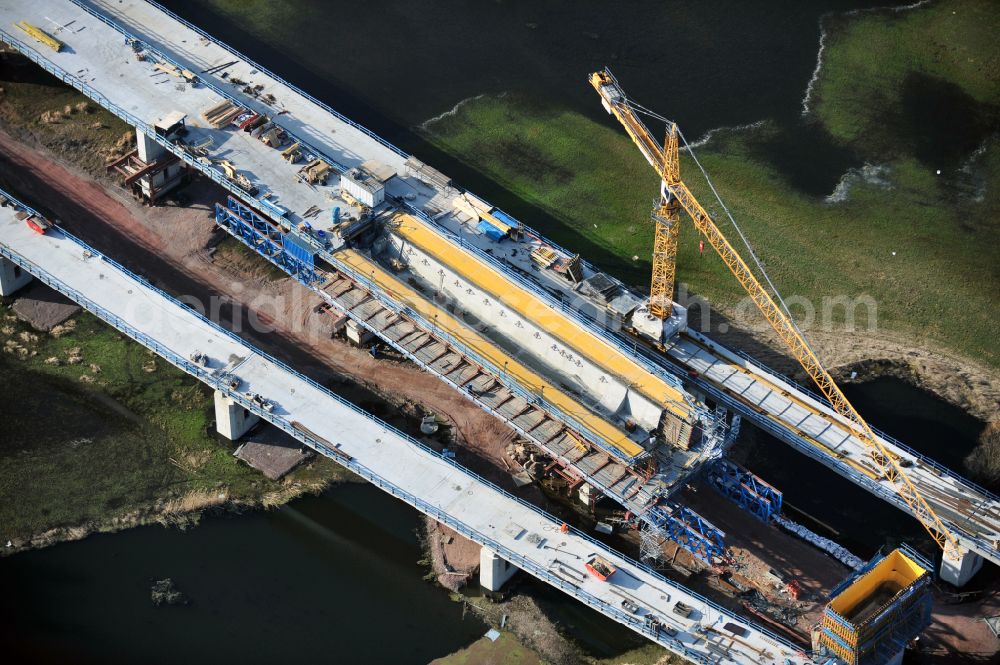 Aerial image Rattmannsdorf - Construction site of viaduct of the railway bridge structure to route the railway tracks in Rattmannsdorf in the state Saxony-Anhalt, Germany