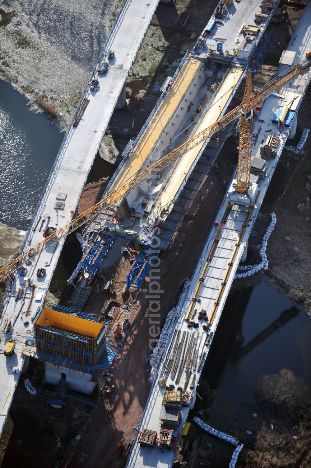 Aerial photograph Rattmannsdorf - Construction site of viaduct of the railway bridge structure to route the railway tracks in Rattmannsdorf in the state Saxony-Anhalt, Germany