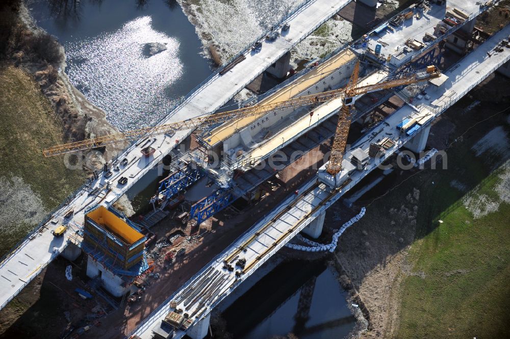 Rattmannsdorf from above - Construction site of viaduct of the railway bridge structure to route the railway tracks in Rattmannsdorf in the state Saxony-Anhalt, Germany