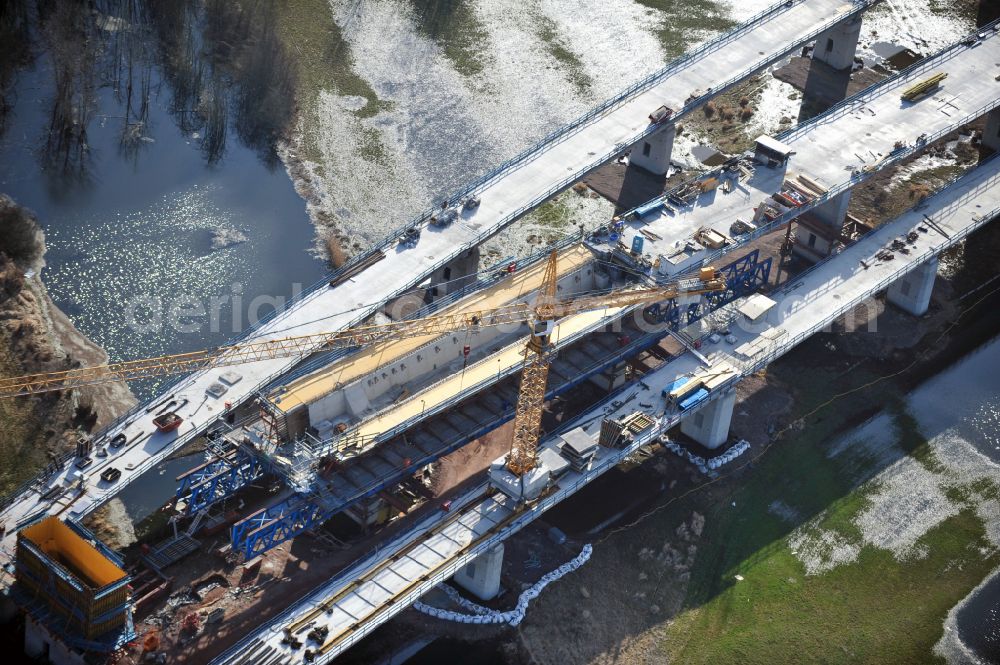 Rattmannsdorf from the bird's eye view: Construction site of viaduct of the railway bridge structure to route the railway tracks in Rattmannsdorf in the state Saxony-Anhalt, Germany