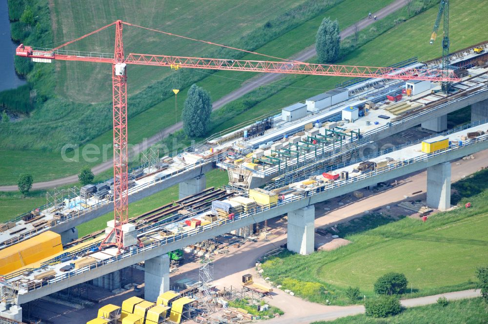 Rattmannsdorf from above - Construction site of viaduct of the railway bridge structure to route the railway tracks in Rattmannsdorf in the state Saxony-Anhalt, Germany