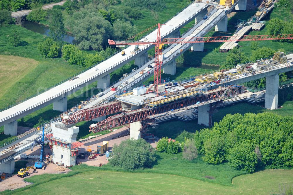 Rattmannsdorf from above - Construction site of viaduct of the railway bridge structure to route the railway tracks in Rattmannsdorf in the state Saxony-Anhalt, Germany