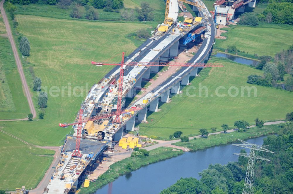 Aerial image Rattmannsdorf - Construction site of viaduct of the railway bridge structure to route the railway tracks in Rattmannsdorf in the state Saxony-Anhalt, Germany