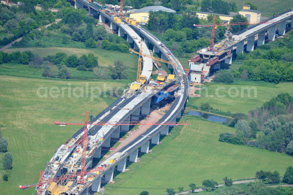 Aerial photograph Rattmannsdorf - Construction site of viaduct of the railway bridge structure to route the railway tracks in Rattmannsdorf in the state Saxony-Anhalt, Germany