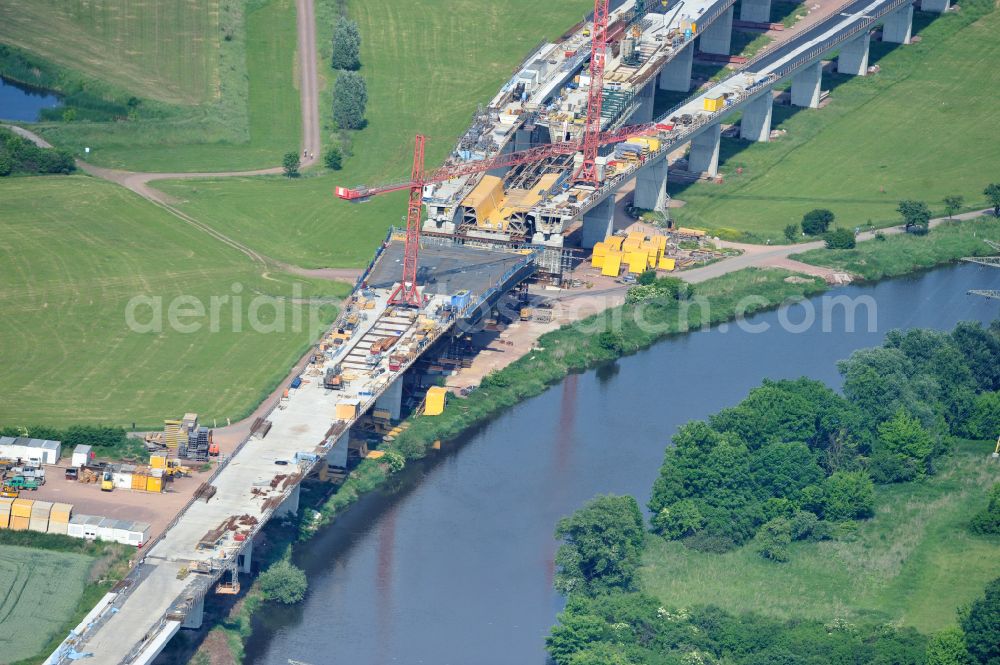 Rattmannsdorf from above - Construction site of viaduct of the railway bridge structure to route the railway tracks in Rattmannsdorf in the state Saxony-Anhalt, Germany