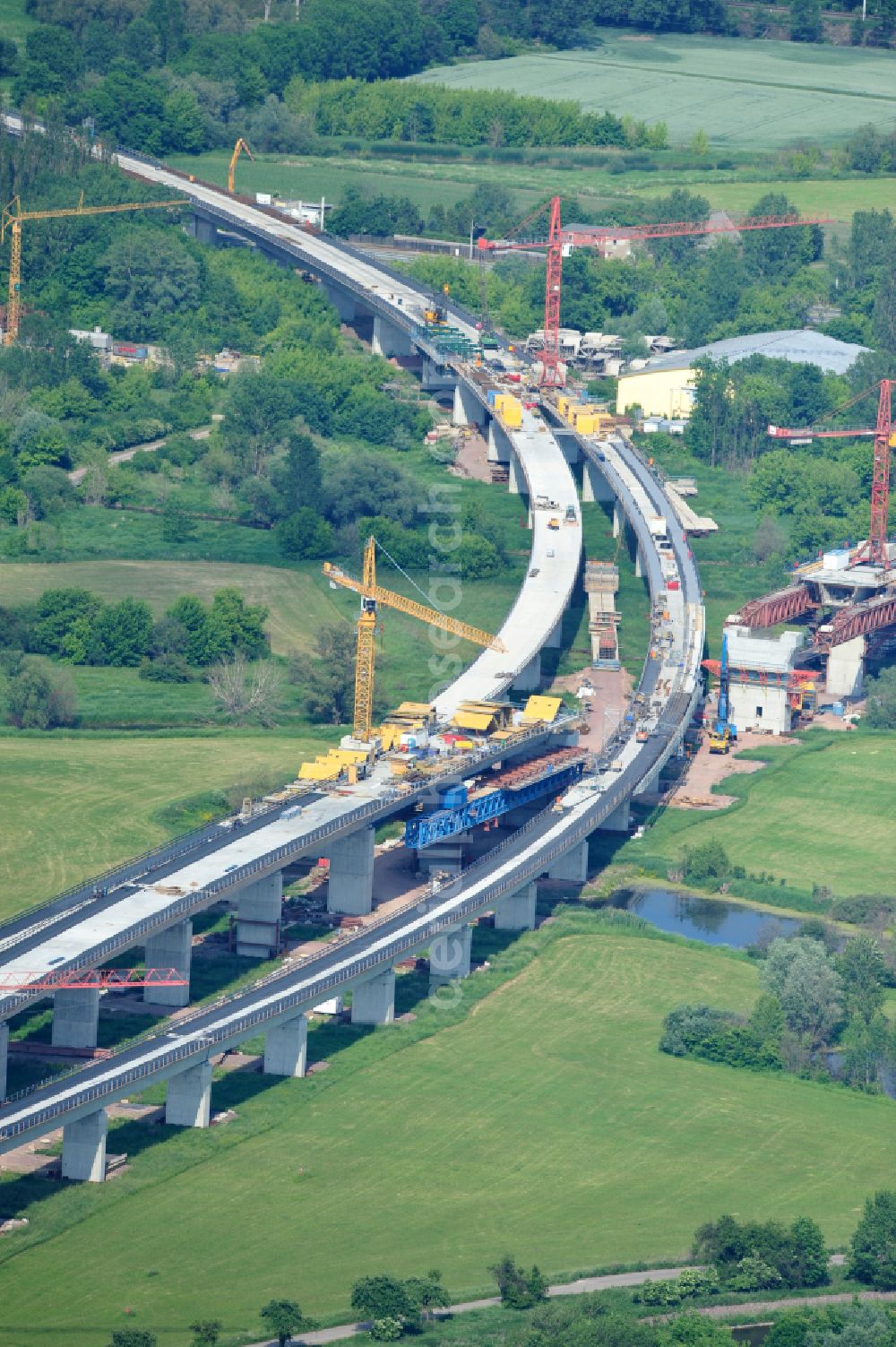 Aerial image Rattmannsdorf - Construction site of viaduct of the railway bridge structure to route the railway tracks in Rattmannsdorf in the state Saxony-Anhalt, Germany