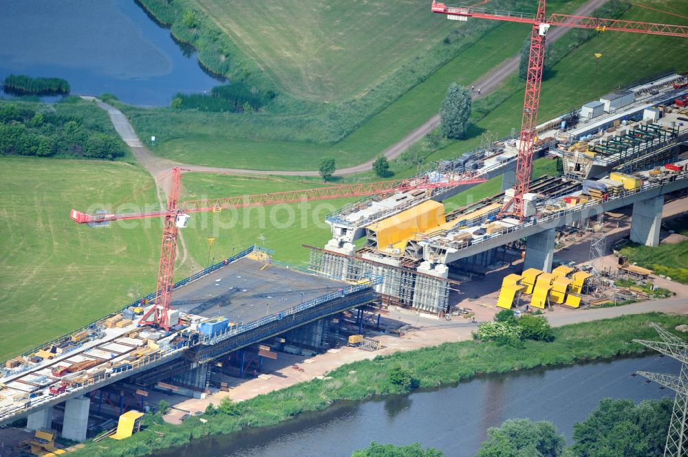 Aerial photograph Rattmannsdorf - Construction site of viaduct of the railway bridge structure to route the railway tracks in Rattmannsdorf in the state Saxony-Anhalt, Germany