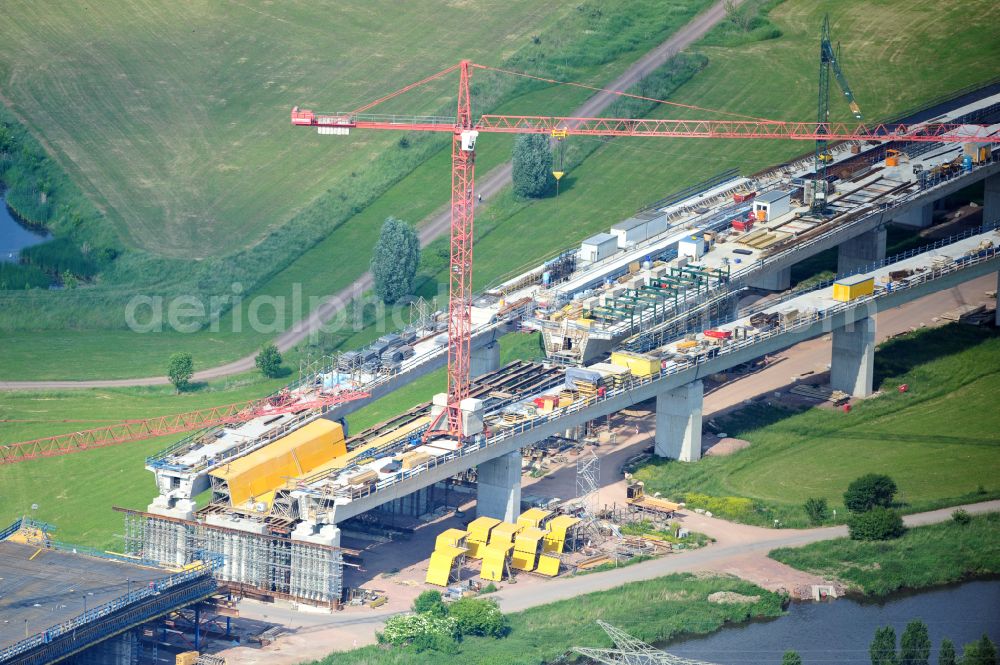 Rattmannsdorf from above - Construction site of viaduct of the railway bridge structure to route the railway tracks in Rattmannsdorf in the state Saxony-Anhalt, Germany