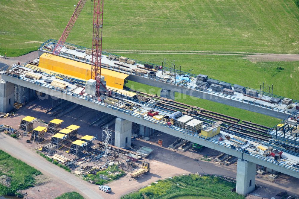 Aerial image Rattmannsdorf - Construction site of viaduct of the railway bridge structure to route the railway tracks in Rattmannsdorf in the state Saxony-Anhalt, Germany