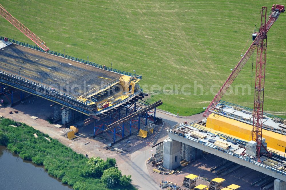 Aerial photograph Rattmannsdorf - Construction site of viaduct of the railway bridge structure to route the railway tracks in Rattmannsdorf in the state Saxony-Anhalt, Germany