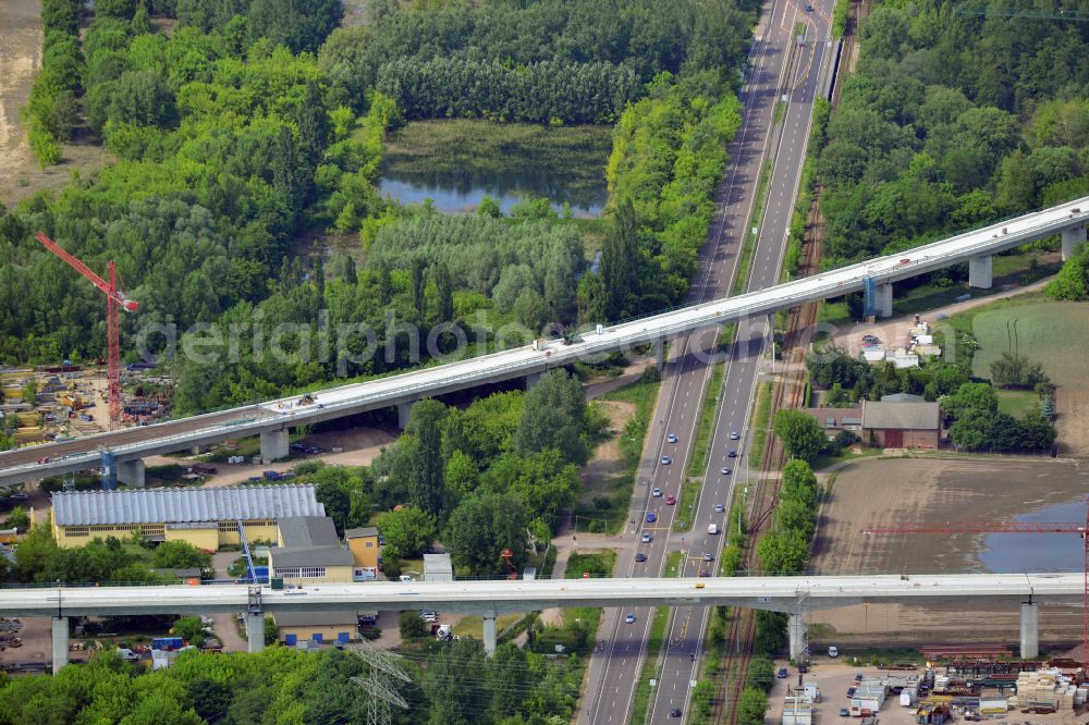 Rattmannsdorf from above - Construction site of viaduct of the railway bridge structure to route the railway tracks in Rattmannsdorf in the state Saxony-Anhalt, Germany