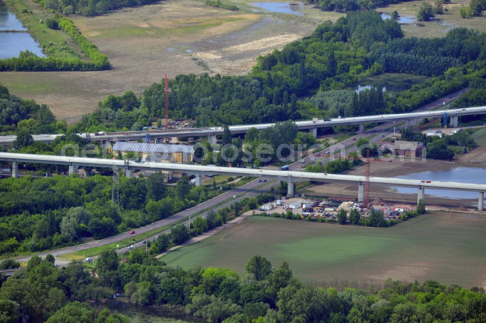 Rattmannsdorf from above - Construction site of viaduct of the railway bridge structure to route the railway tracks in Rattmannsdorf in the state Saxony-Anhalt, Germany