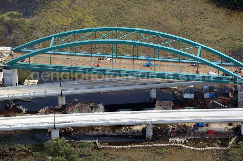 Rattmannsdorf from the bird's eye view: Construction site of viaduct of the railway bridge structure to route the railway tracks in Rattmannsdorf in the state Saxony-Anhalt, Germany