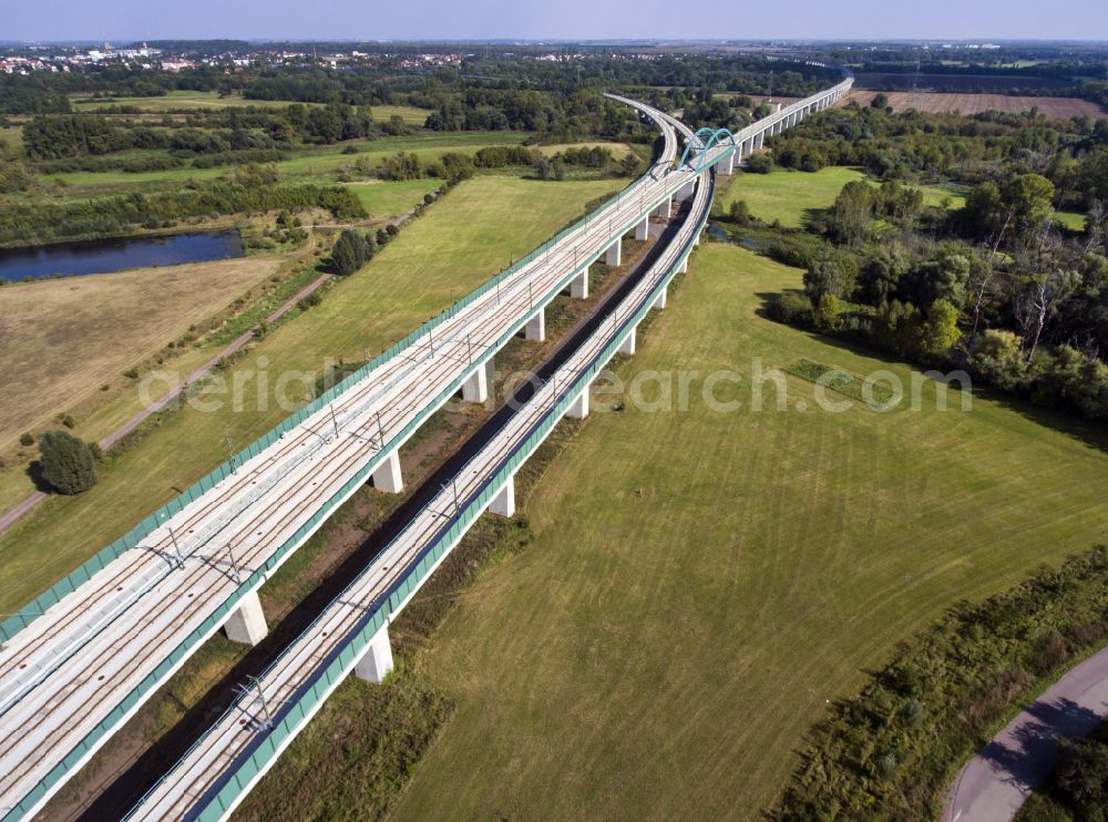 Rattmannsdorf from the bird's eye view: Construction site of viaduct of the railway bridge structure to route the railway tracks in Rattmannsdorf in the state Saxony-Anhalt, Germany