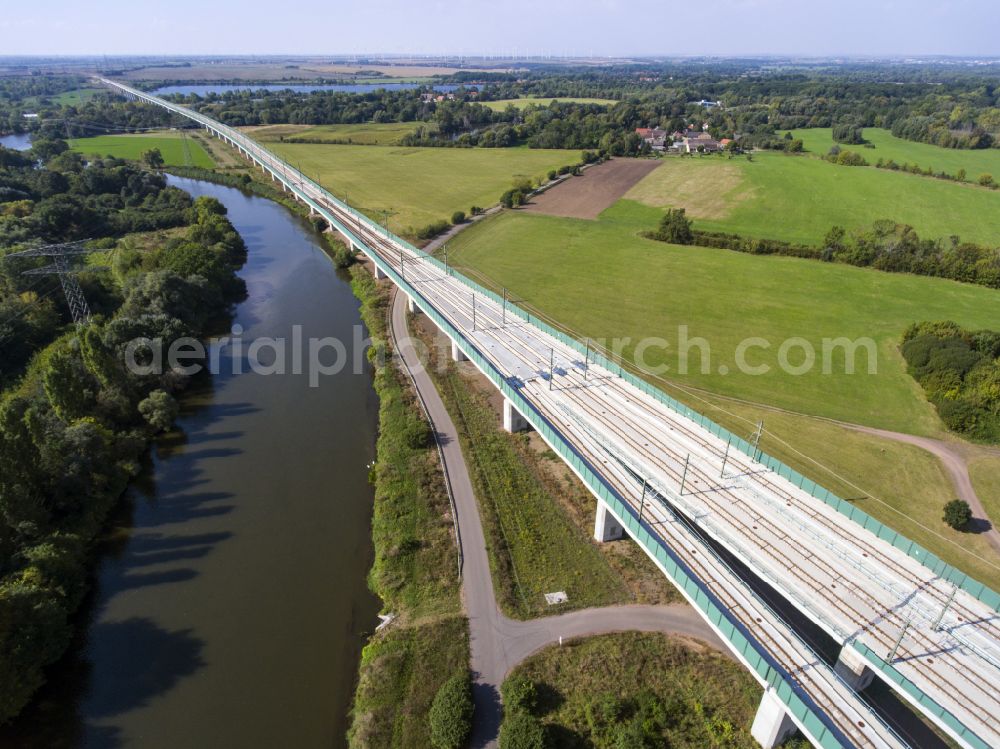 Aerial image Rattmannsdorf - Construction site of viaduct of the railway bridge structure to route the railway tracks in Rattmannsdorf in the state Saxony-Anhalt, Germany