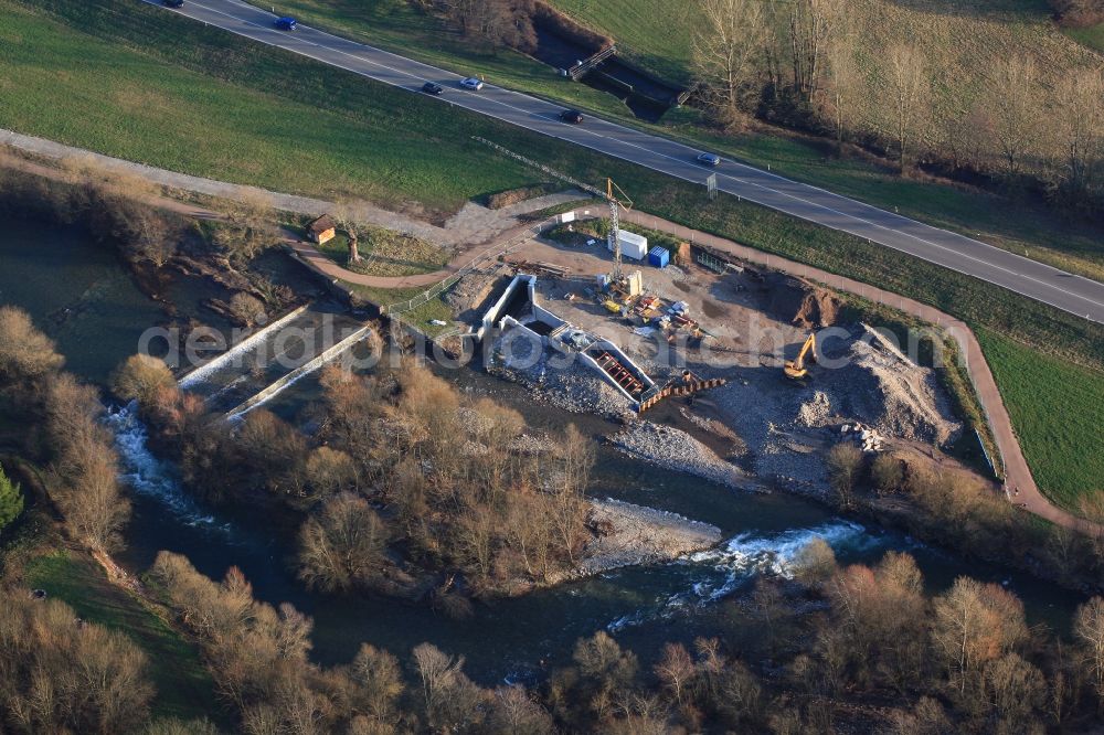 Maulburg from above - Construction works for the hydroelectric power plant at the river Wiese in Maulburg in the state Baden-Wuerttemberg, Germany