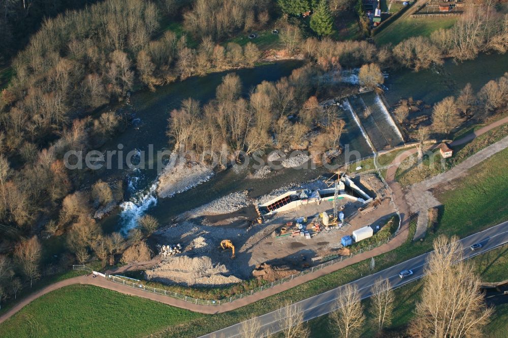 Maulburg from above - Construction works for the hydroelectric power plant at the river Wiese in Maulburg in the state Baden-Wuerttemberg, Germany