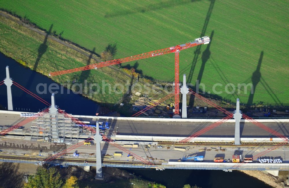 Bad Oeynhausen from the bird's eye view: View of the construction site for the bridge structure over the Werre in Bad Oeynhausen in North Rhine-Westphalia. The construction company of this bridge is the Bickhardt Bau AG. Client is the Strassen.NRW