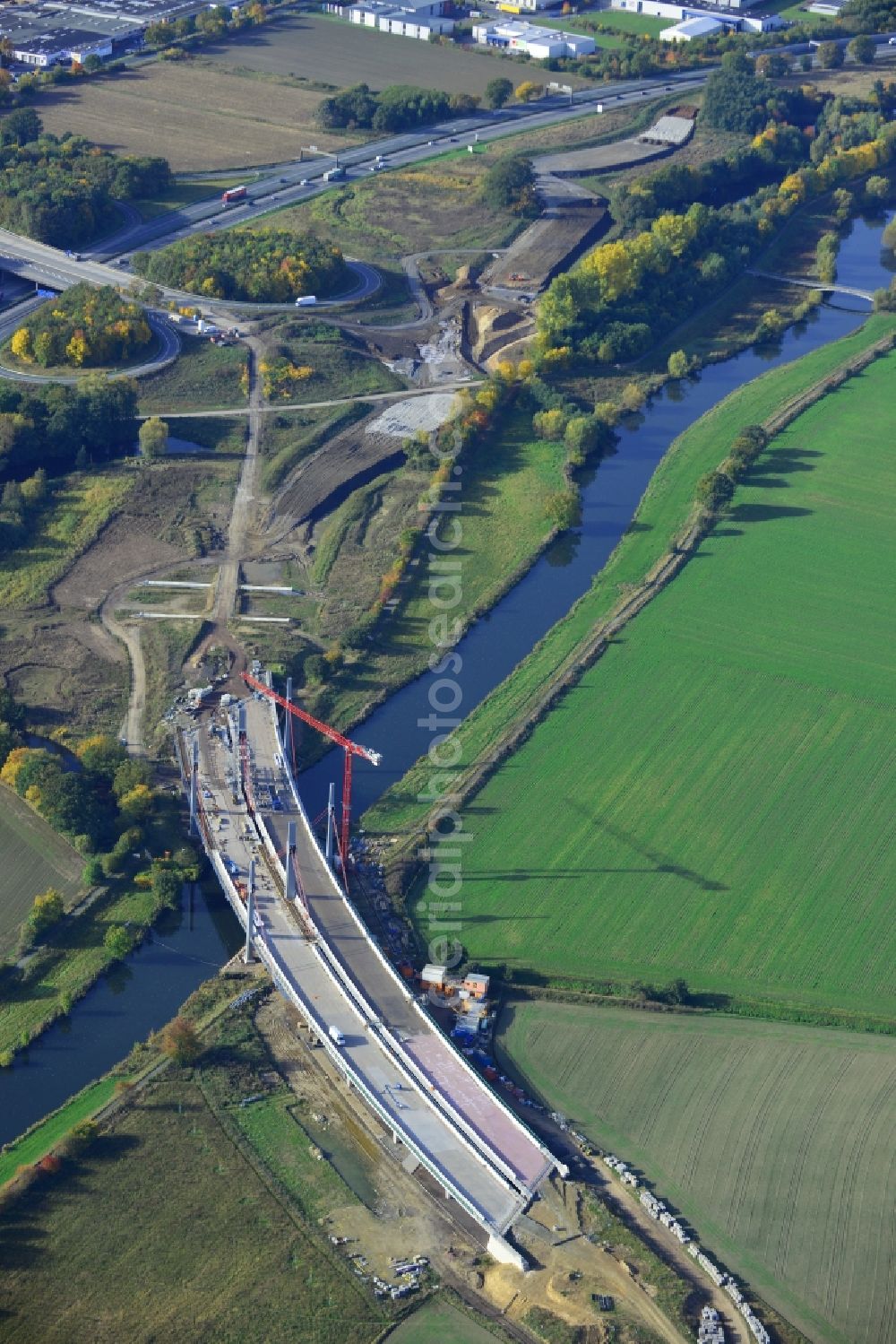 Bad Oeynhausen from the bird's eye view: View of the construction site for the bridge structure over the Werre in Bad Oeynhausen in North Rhine-Westphalia. The construction company of this bridge is the Bickhardt Bau AG. Client is the Strassen.NRW