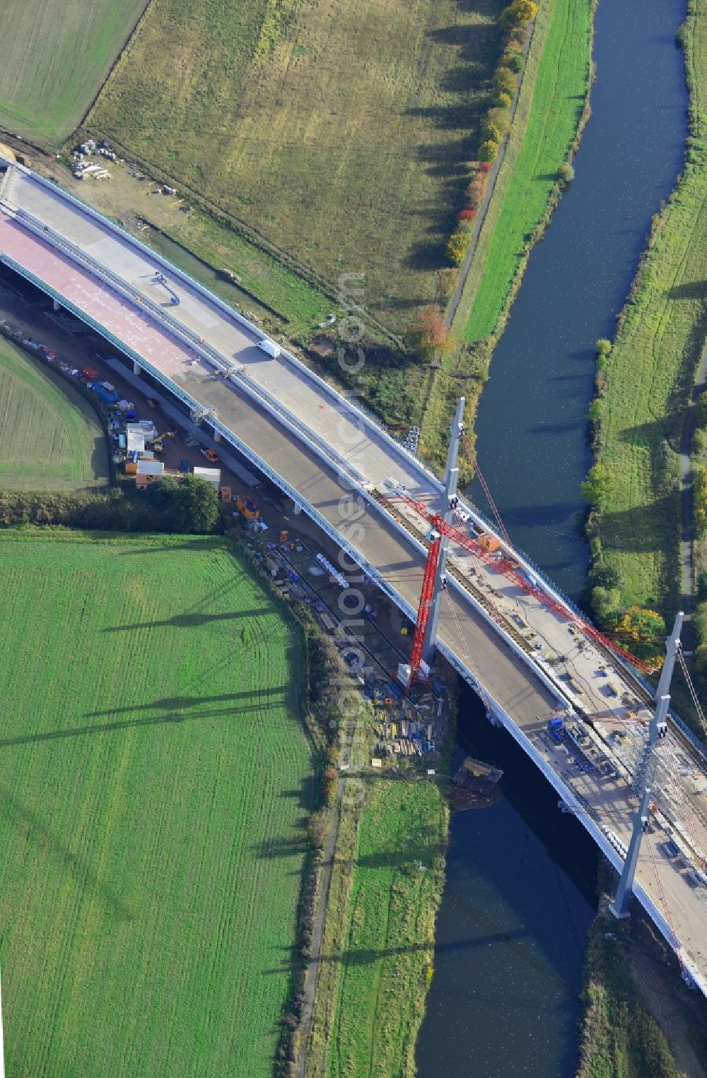 Bad Oeynhausen from above - View of the construction site for the bridge structure over the Werre in Bad Oeynhausen in North Rhine-Westphalia. The construction company of this bridge is the Bickhardt Bau AG. Client is the Strassen.NRW