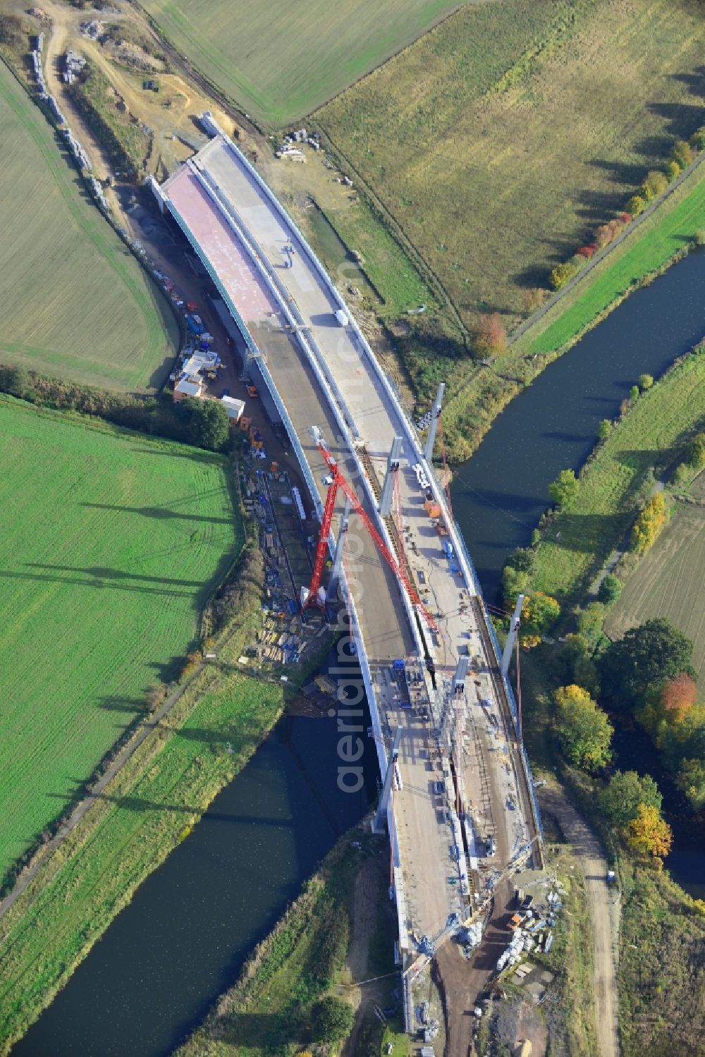 Bad Oeynhausen from the bird's eye view: View of the construction site for the bridge structure over the Werre in Bad Oeynhausen in North Rhine-Westphalia. The construction company of this bridge is the Bickhardt Bau AG. Client is the Strassen.NRW