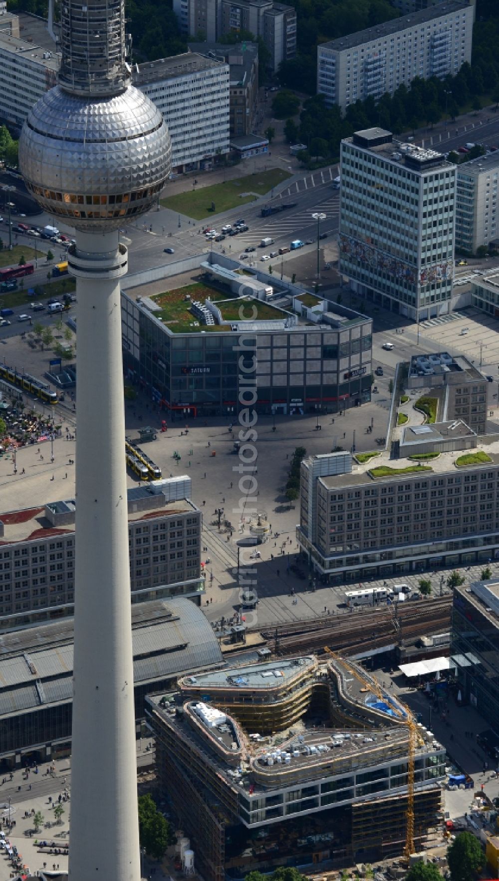 Berlin from above - Construction site residential and commercial building Alea 101 of Redevco Services Deutschland GmbH on regional train station Alexanderplatz in Berlin, Germany