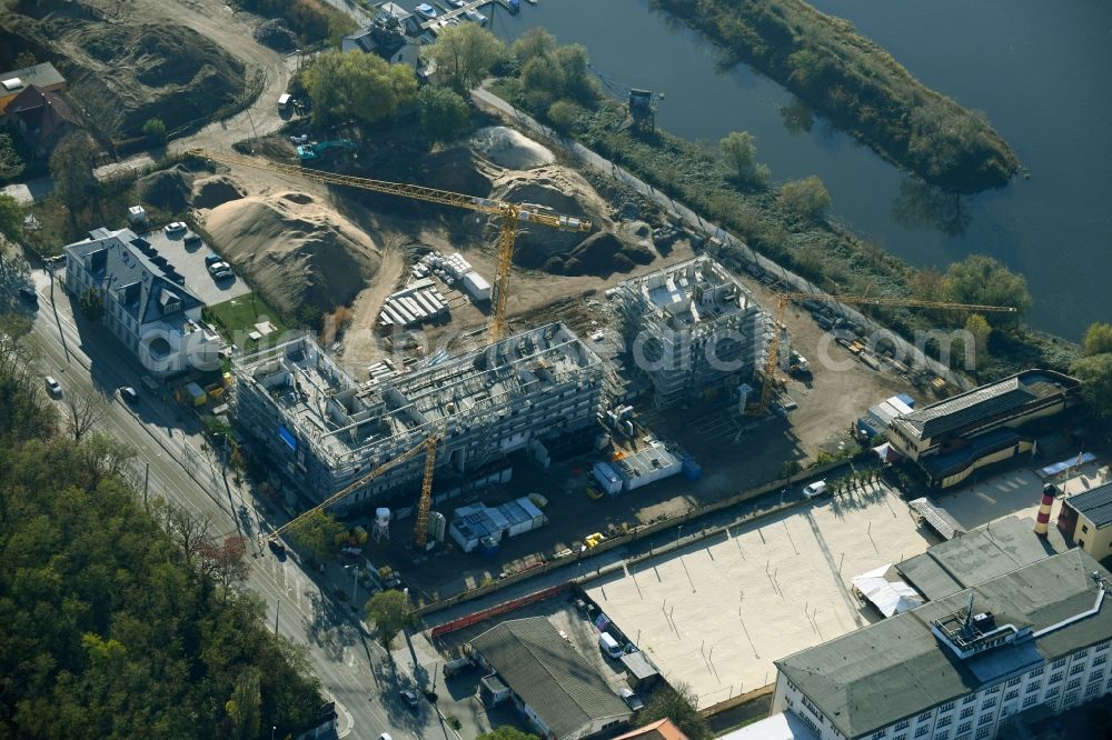 Dresden from above - Residential construction site with multi-family housing development- of the project Hafencity along the Leipziger Strasse in Dresden in the state Saxony, Germany