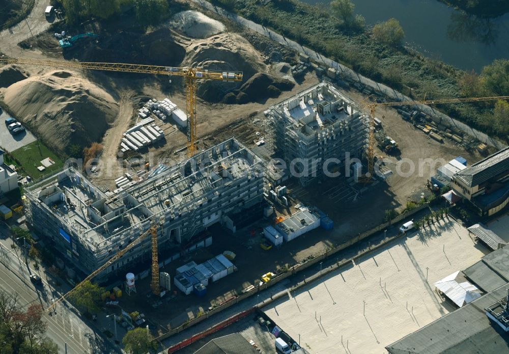 Dresden from above - Residential construction site with multi-family housing development- of the project Hafencity along the Leipziger Strasse in Dresden in the state Saxony, Germany