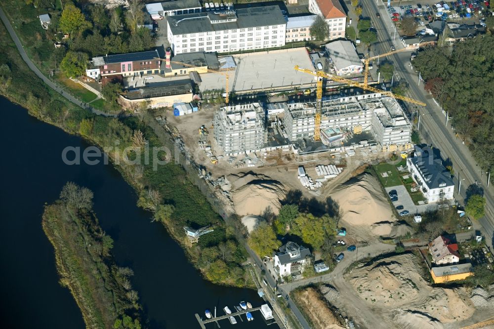 Dresden from above - Residential construction site with multi-family housing development- of the project Hafencity along the Leipziger Strasse in Dresden in the state Saxony, Germany