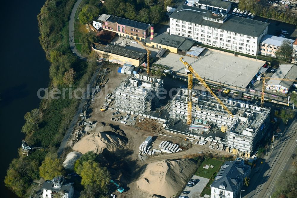 Dresden from the bird's eye view: Residential construction site with multi-family housing development- of the project Hafencity along the Leipziger Strasse in Dresden in the state Saxony, Germany